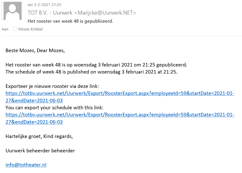 E-mail bij publicatie van een nieuw rooster