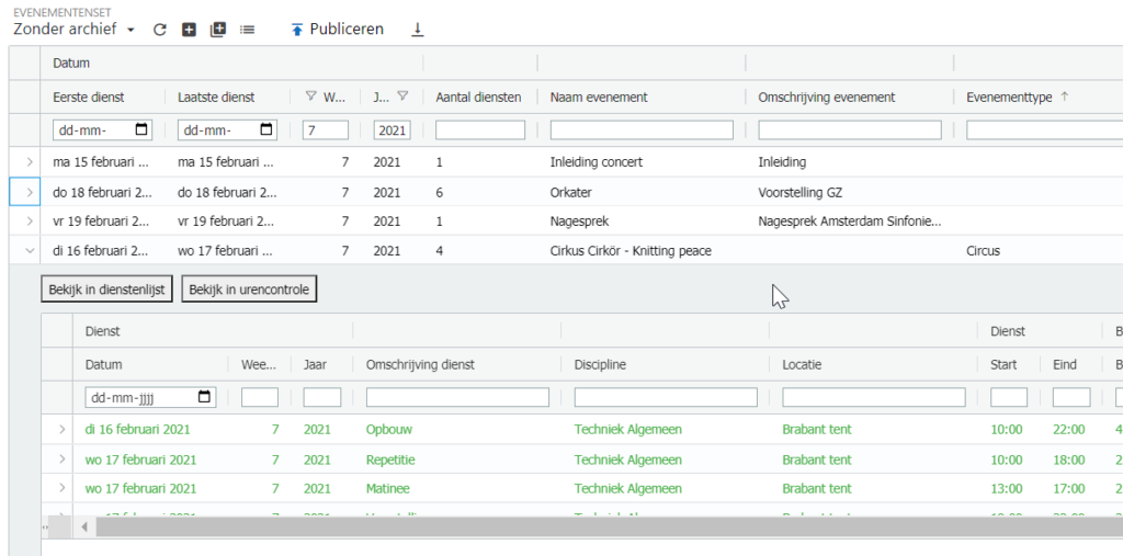 Evenementenlijst met uitgeklapt evenement