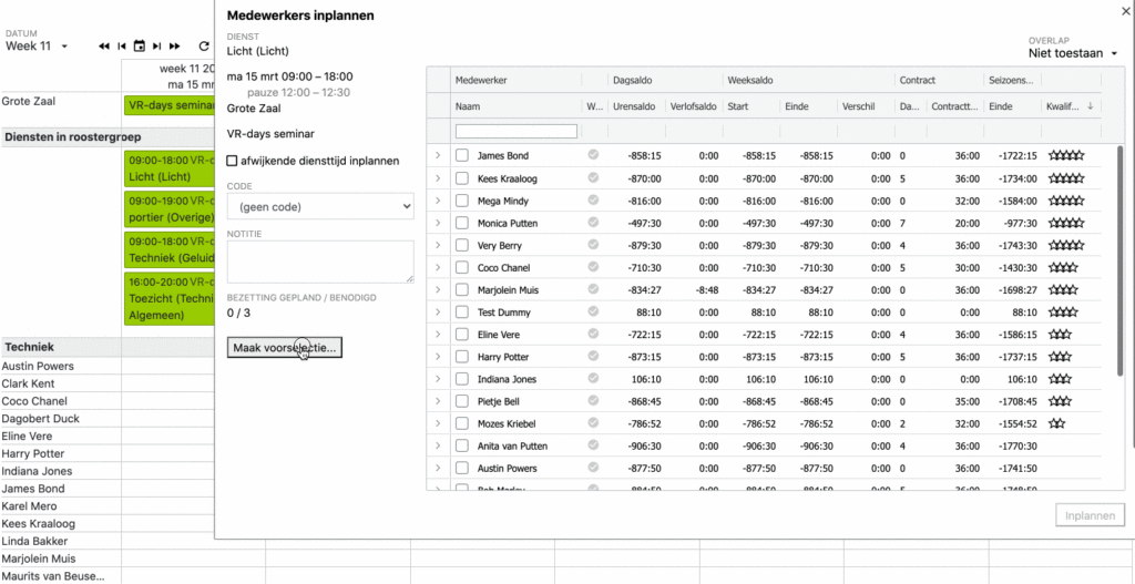 Medewerker inplannen met voorselectieknop in Uurwerk Online