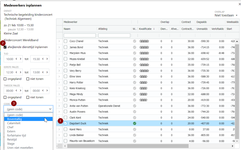 Medewerker inplannen met afwijkende diensttijd en toegevoegde code