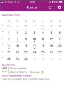 Uurwerk Online app roosterscherm