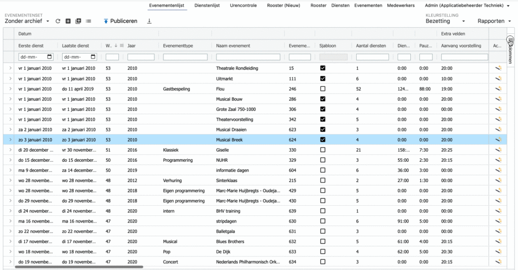 Evenementenlijst - kolommen beheren en filteren in Uurwerk Online