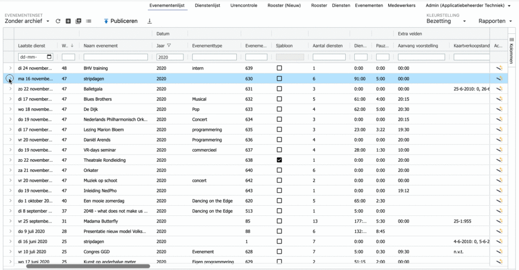 Uurwerk Online - Roosteren vanuit de evenementenlijst